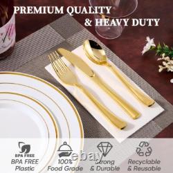 Dinnerware Set for 100 Guests, White and Gold Rim Plastic Plates Disposable