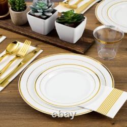 Dinnerware Set for 100 Guests, White and Gold Rim Plastic Plates Disposable