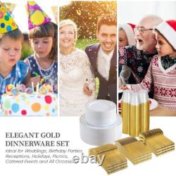 Dinnerware Set for 100 Guests, White and Gold Rim Plastic Plates Disposable