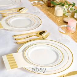 Dinnerware Set for 100 Guests, White and Gold Rim Plastic Plates Disposable