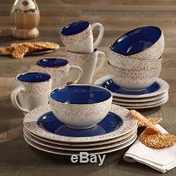 Dinnerware Set for 4 Dishes Plates Bowls Mugs 16 Piece Blue White Earthenware