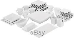 Dinnerware Set for 6 White Porcelain Square 40 pc Dishes Plates Dishwasher Safe