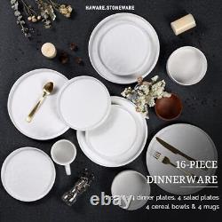 Dinnerware Sets, 16-Piece Stoneware Plates Round-16pcs for 4 Speckled White