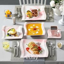 Dinnerware Sets, 30-Piece Pink Plates and Bowls Sets for 6, Porcelain Dinnerw