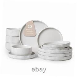 Dinnerware Sets for 4, 12-Piece High-Gloss White Dish Set, Modern Stoneware