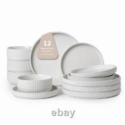 Dinnerware Sets for 4, 12-Piece High-Gloss White Dish Set, Modern Stoneware