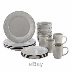 Distressed Rustic Dinnerware Set 16 Piece Stoneware Plates Bowls Mugs Grey S