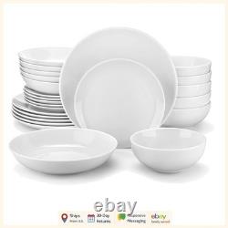 Durable 24-Piece Gourmet Dinnerware Set, Microwave Safe White Porcelain Dishware