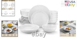 Durable 24-Piece Gourmet Dinnerware Set, Microwave Safe White Porcelain Dishware