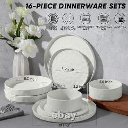 E-far 16-Piece Plates and Bowls Sets with Pasta Bowls Stoneware Dinnerware