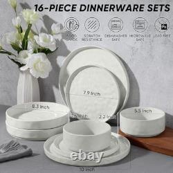 E-far 16-Piece Plates and Bowls Sets with Pasta Bowls Stoneware Dinnerware
