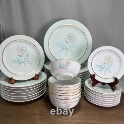 Easterling Spencerian Rose Dinnerware Set for 8 Vintage 50s White Gold Teal MCM