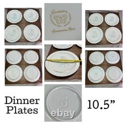 Easterling Spencerian Rose Dinnerware Set for 8 Vintage 50s White Gold Teal MCM