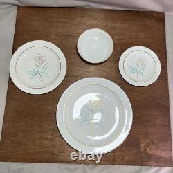 Easterling Spencerian Rose Dinnerware Set for 8 Vintage 50s White Gold Teal MCM Easterling Spencerian Rose Dinnerware Set for 8 Vintage 50s White Gold Teal MCM