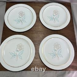 Easterling Spencerian Rose Dinnerware Set for 8 Vintage 50s White Gold Teal MCM