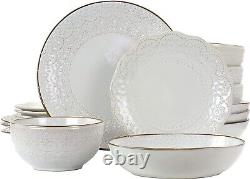 Elama Countess 16 Piece Embossed Double Bowl Stoneware Dinnerware Set in Ivory