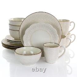 Elama Countess 16 Piece Embossed Double Bowl Stoneware Dinnerware Set in Ivory