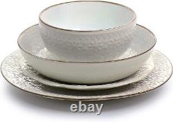 Elama Countess 16 Piece Embossed Double Bowl Stoneware Dinnerware Set in Ivory