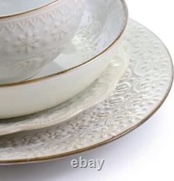 Elama Countess 16 Piece Embossed Double Bowl Stoneware Dinnerware Set in Ivory