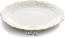 Elama Countess 16 Piece Embossed Double Bowl Stoneware Dinnerware Set in Ivory