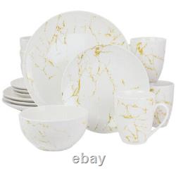 Elama Fine Marble 16 Piece Stoneware Dinnerware Set in Gold and White