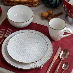 Elama Honey Ivory 16pc Embossed Stoneware Honeycomb Pattern Dinnerware Set for 4