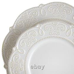 Elama Luna 16 Piece Embossed Scalloped Stoneware Dinnerware Dish Set in White