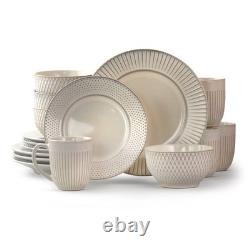 Elama Market Finds 16-Piece Round Stoneware Dinnerware Set, Embossed White Elama Market Finds 16-Piece Round Stoneware Dinnerware Set, Embossed White