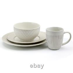 Elama Market Finds 16 Piece Round Stoneware Dinnerware Set in Embossed White