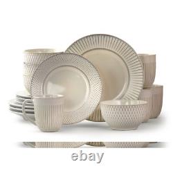 Elama Market Finds 16 Piece Round Stoneware Dinnerware Set in Embossed White