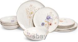 Elegant 12-Piece Stoneware Dinnerware Set for 4 Glossy White & Gold Trim