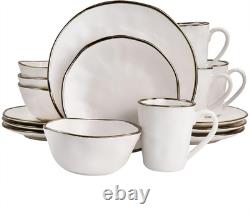 Elegant 16-Piece Matte White Stoneware Dinnerware Set with Gold Rim