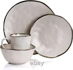 Elegant 16-Piece Matte White Stoneware Dinnerware Set with Gold Rim