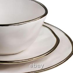 Elegant 16-Piece Matte White Stoneware Dinnerware Set with Gold Rim