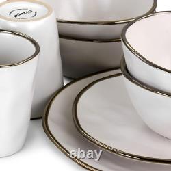Elegant 16-Piece Matte White Stoneware Dinnerware Set with Gold Rim