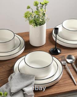 Elegant 18-Piece Porcelain Dinnerware Set for 6 Pure White with Black Rim