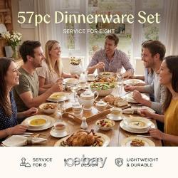 Elegant 57-Piece Bone China Dinnerware Set for 8 with Golden Greek Key Design