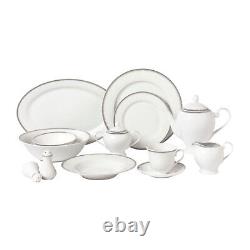 Elegant 57 Pieces Porcelain Dinnerware Set for 8 People Alyssa, Silver Border