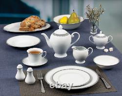 Elegant 57 Pieces Porcelain Dinnerware Set for 8 People Alyssa, Silver Border