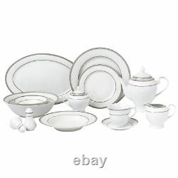 Elegant 57 Pieces Porcelain Dinnerware Set for 8 People Ashley, Silver Border