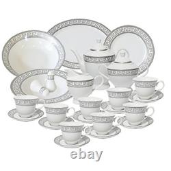 Elegant Venetian Design 49 pcs Silver Greek Key Dinner Set, Service for 8-White