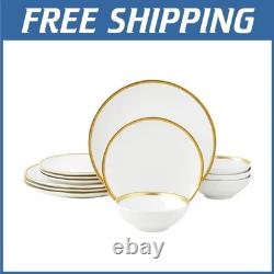 Elegant White Plates and Bowls Set, Modern Gold Rim Design