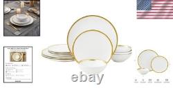 Elegant White Plates and Bowls Set, Modern Gold Rim Design