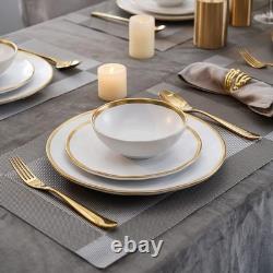 Elegant White Plates and Bowls Set, Modern Gold Rim Design