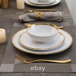 Elegant White Plates and Bowls Set, Modern Gold Rim Design