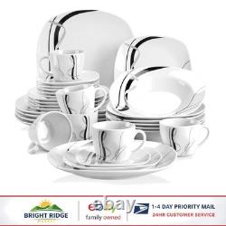 Elegant White Porcelain Dinnerware Set for 6, 30 Pieces with Striped Accents