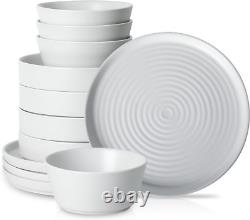 Elica 12-Piece Modern Dinnerware Set Stoneware, Plates and Bowl Sets for 4, Whit
