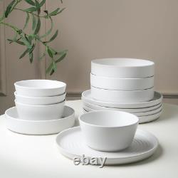 Elica 12-Piece Modern Dinnerware Set Stoneware, Plates and Bowl Sets for 4, Whit