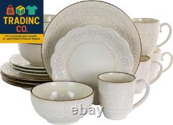 Embossed Scalloped Stoneware Dinnerware Dish Set, 16 Piece, Ivory