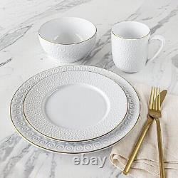 Embossed White Gold 12-Piece Plate & Bowl Kitchen Dinnerware Set New